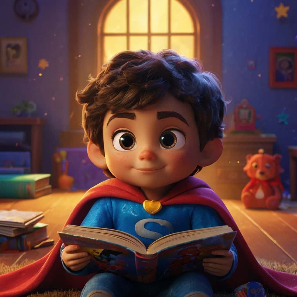 Child imagining themselves as a superhero in their story